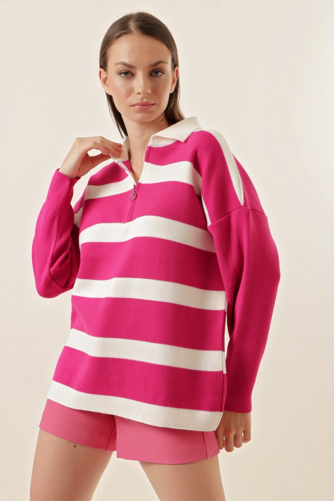 BGD Women Striped Oversized Sweater - Fuchsia - Avondale