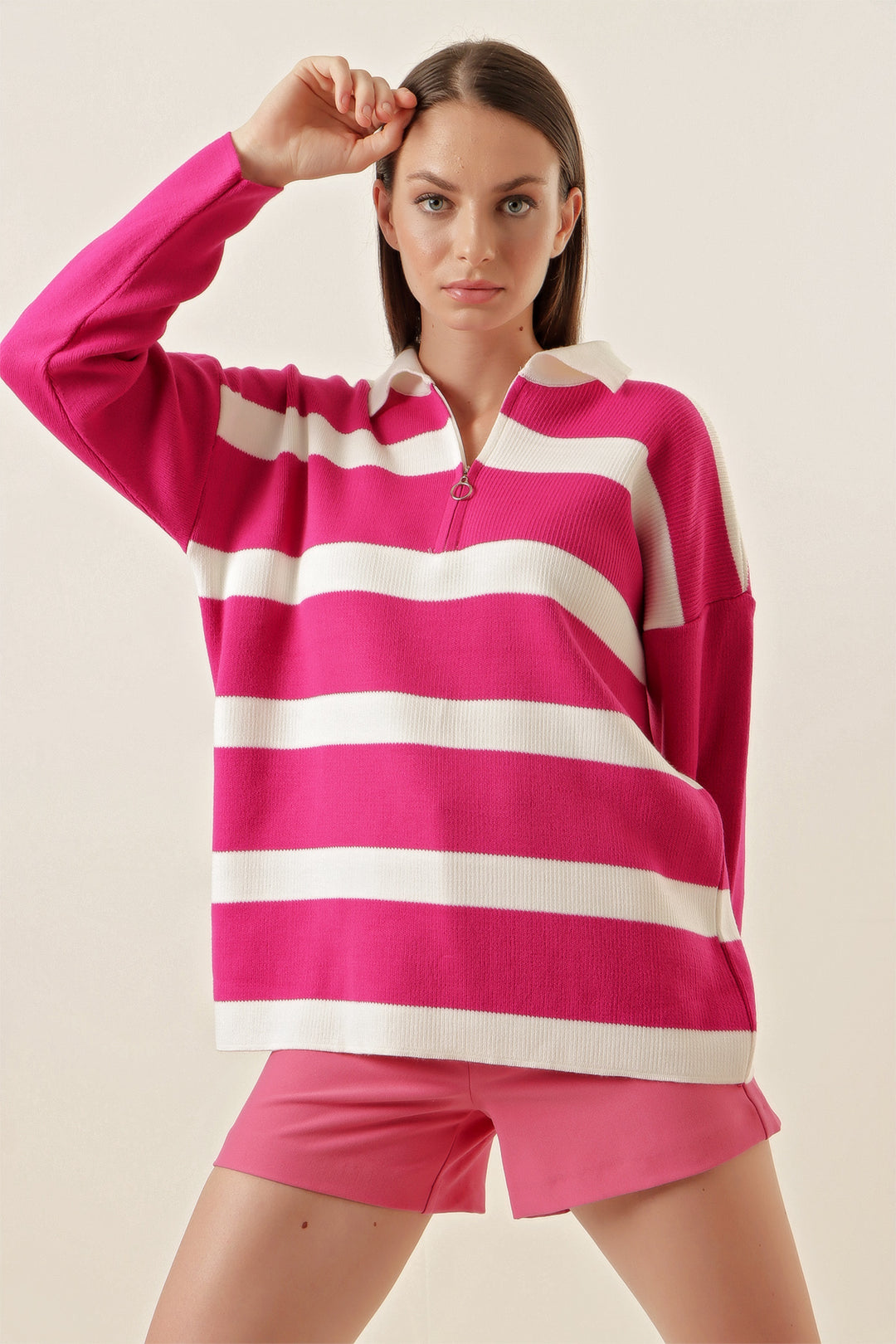 BGD Women Striped Oversized Sweater - Fuchsia - Avondale