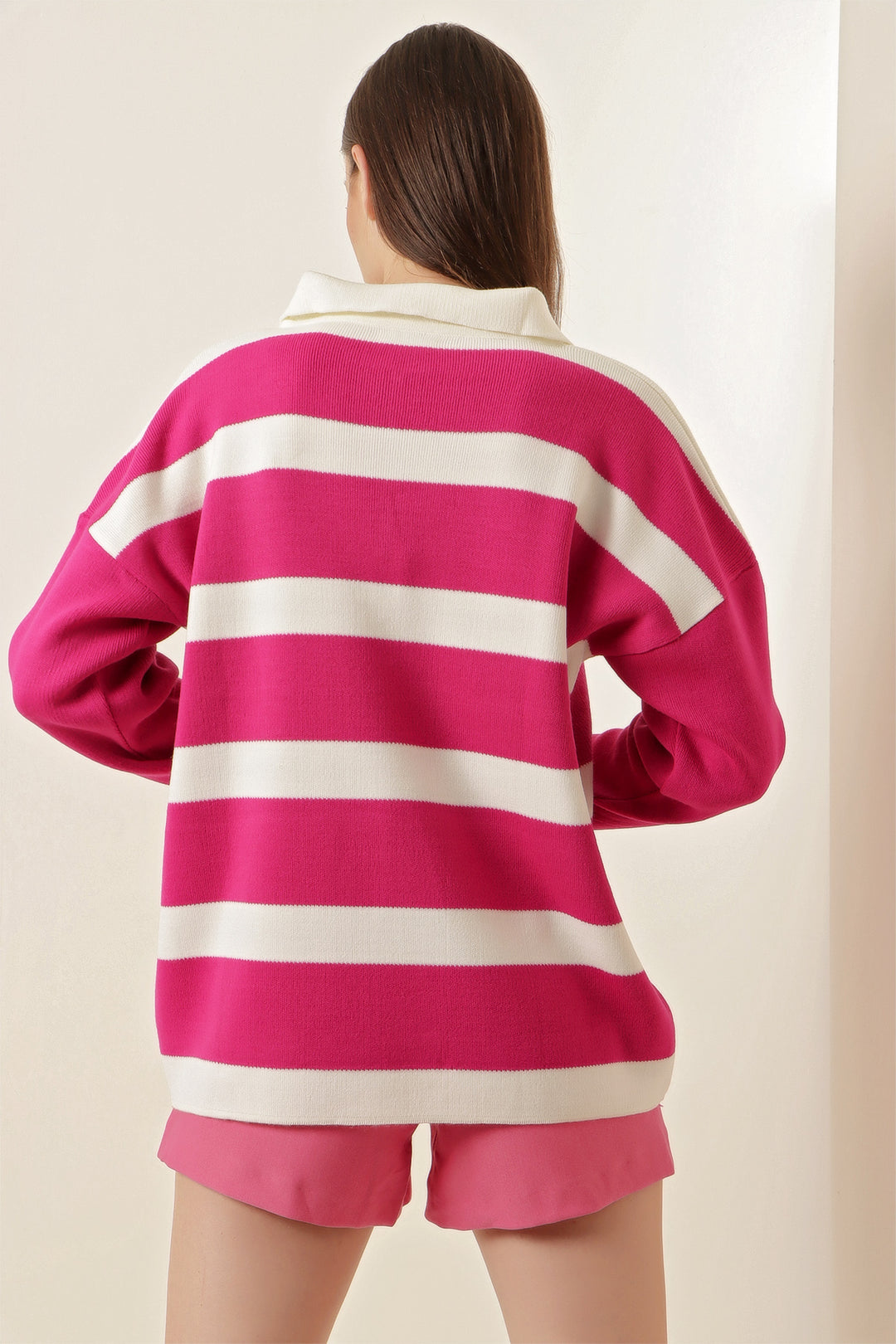 BGD Women Striped Oversized Sweater - Fuchsia - Avondale