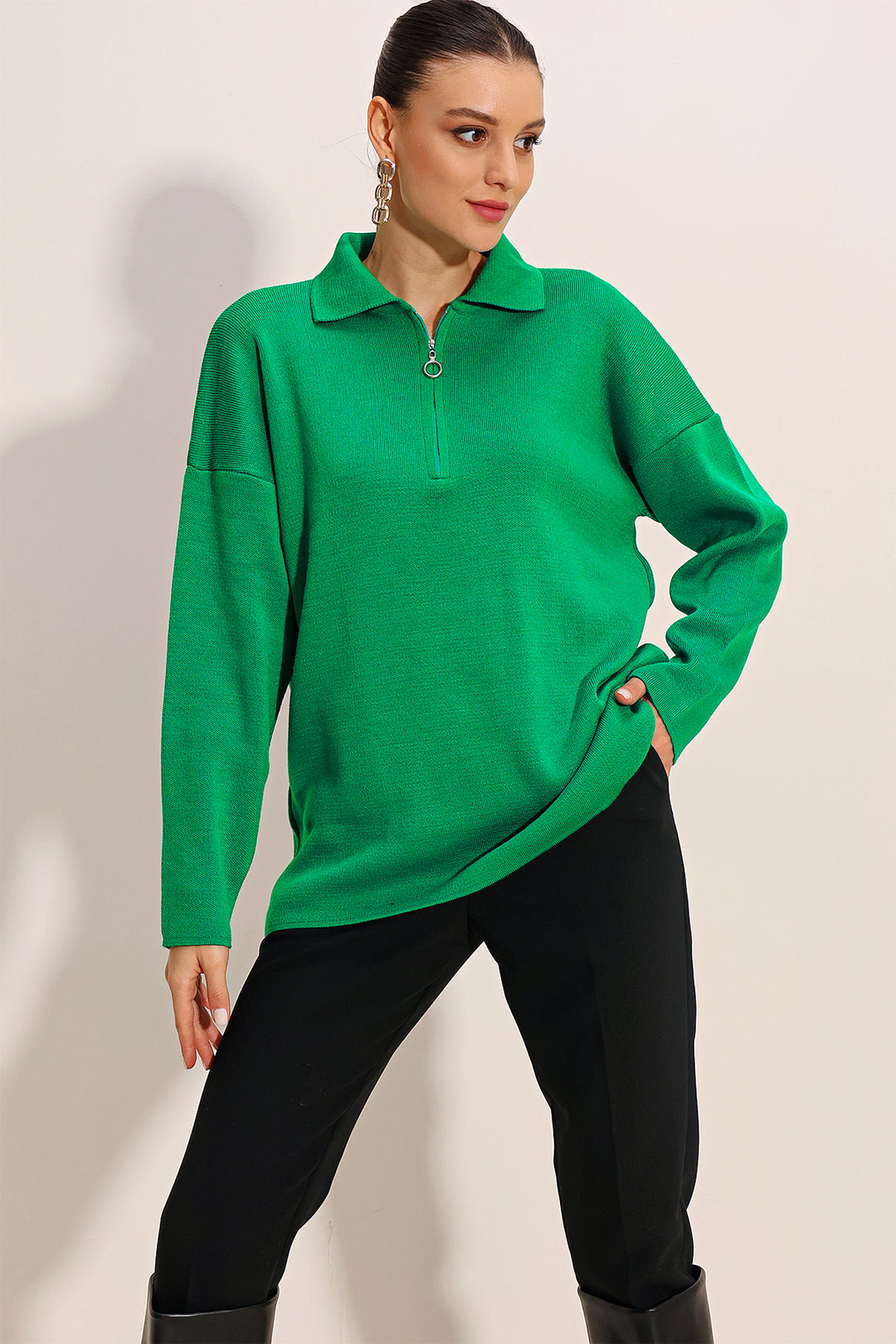 BGD Women Zippered Oversized Sweater - Dark Green - Avondale