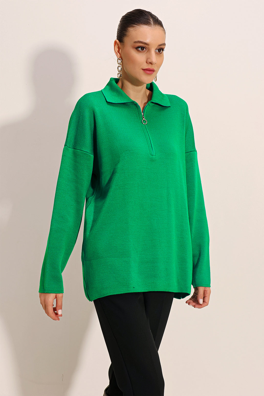 BGD Women Zippered Oversized Sweater - Dark Green - Avondale