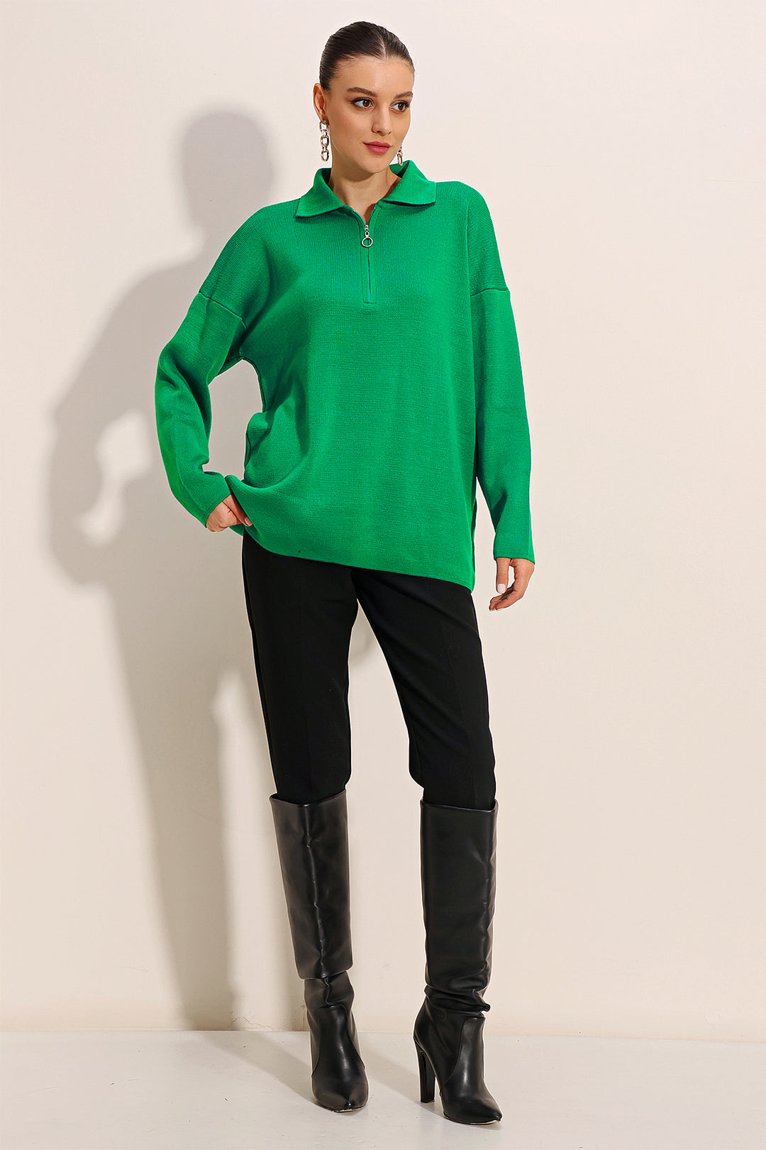 BGD Women Zippered Oversized Sweater - Dark Green - Avondale