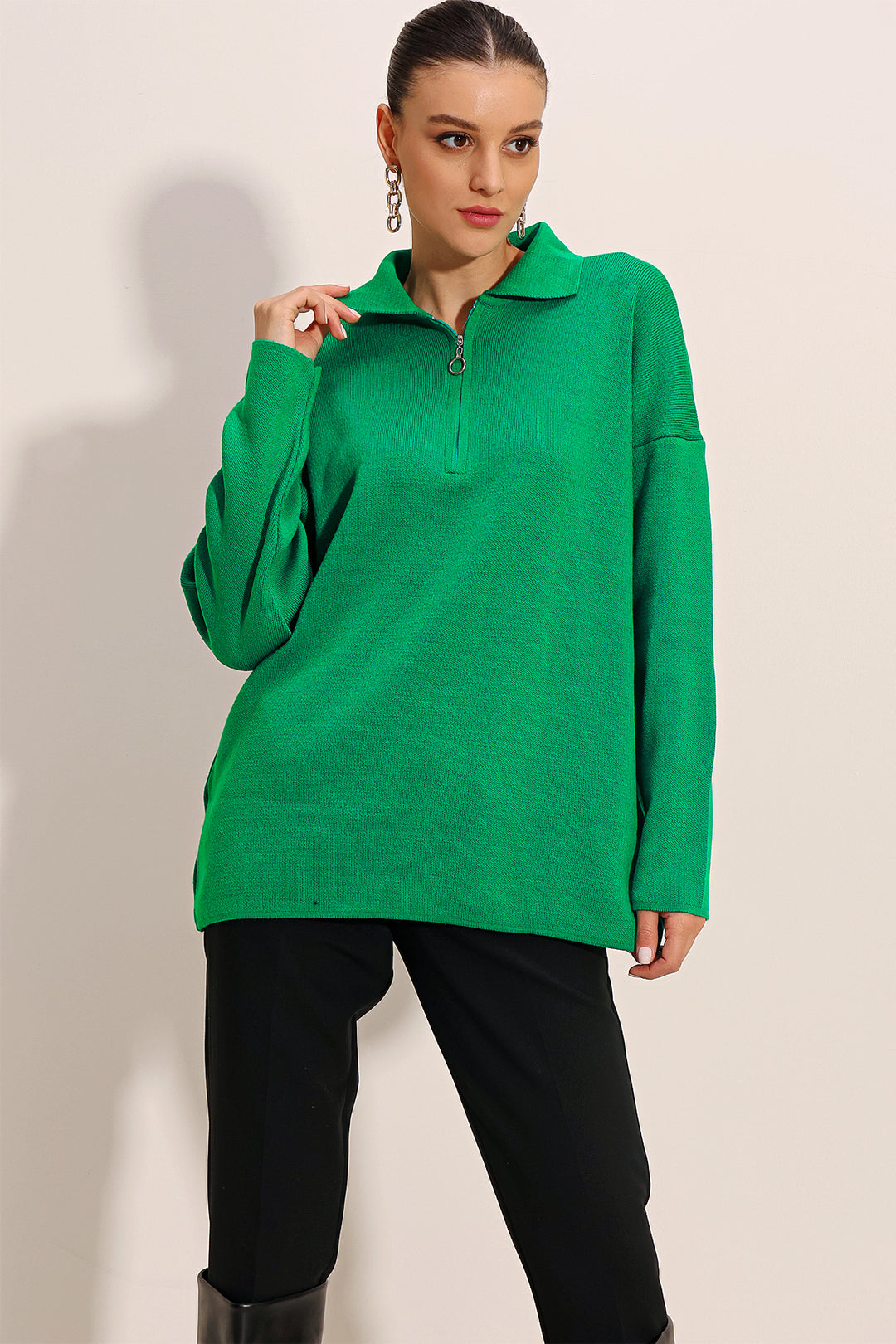 BGD Women Zippered Oversized Sweater - Dark Green - Avondale