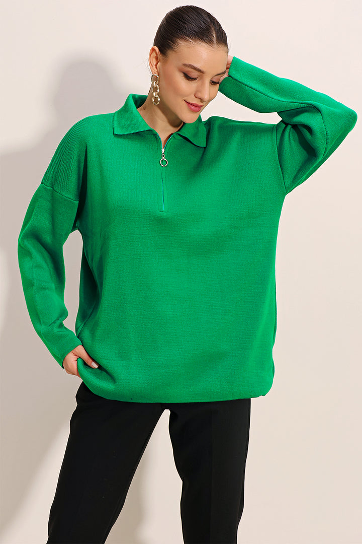 BGD Women Zippered Oversized Sweater - Dark Green - Avondale