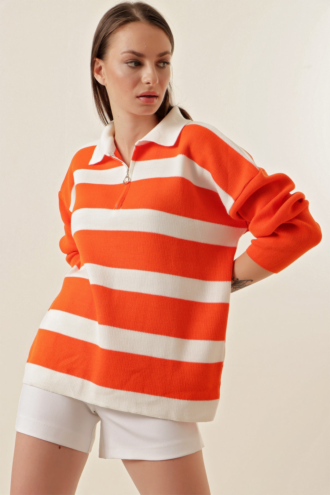 BGD Women Striped Oversized Sweater - Orange - Avondale