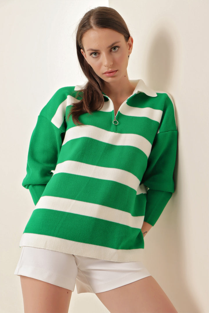 BGD Women Striped Oversized Sweater - Green - Avondale