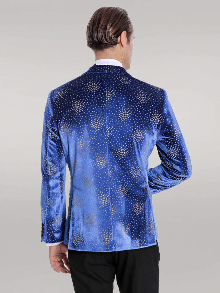 WSS Dot Patterned Peak Lapel Blue Men Prom Blazer  - Singen