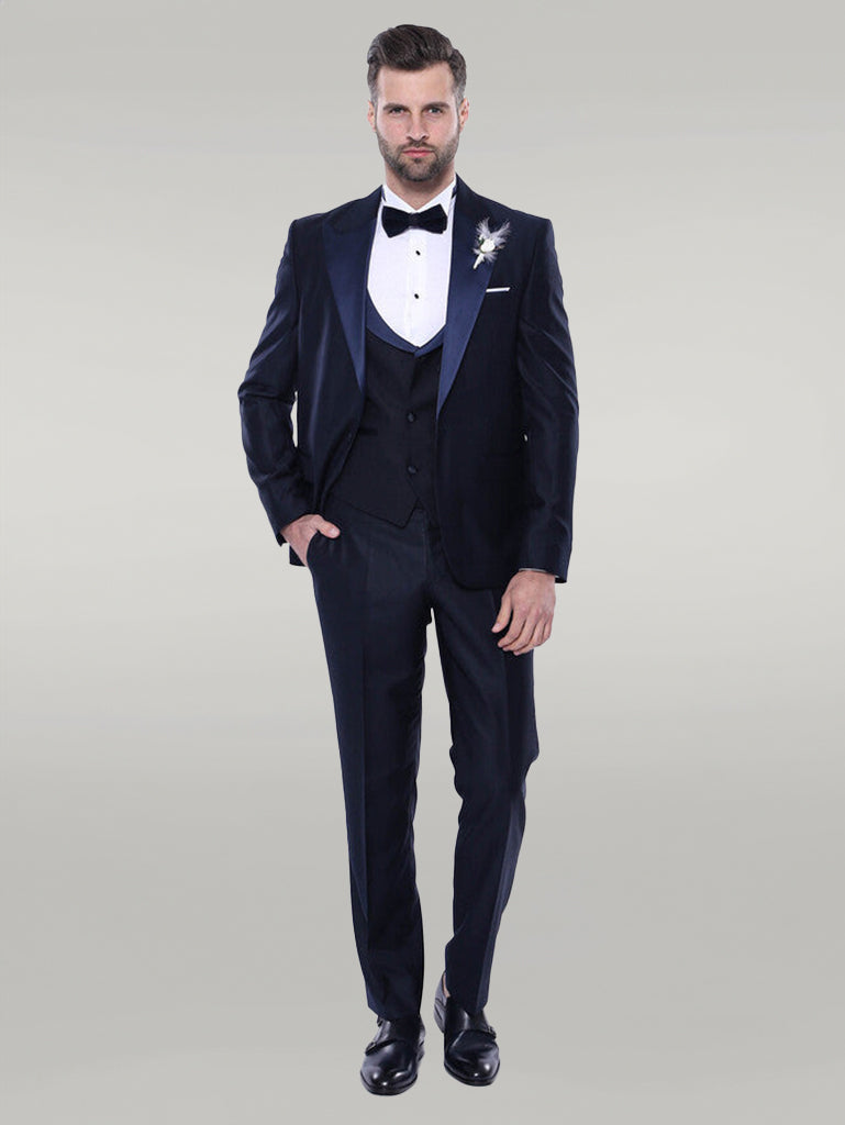 WSS Double Breasted Satin Lapel Navy Blue Men Tuxedo  - Singen