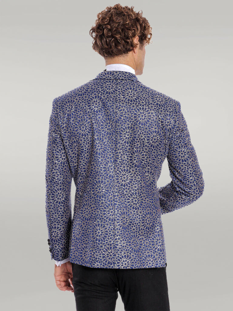 WSS Flower Embroidered Pattern Navy Blue Men Prom Blazer  - Singen