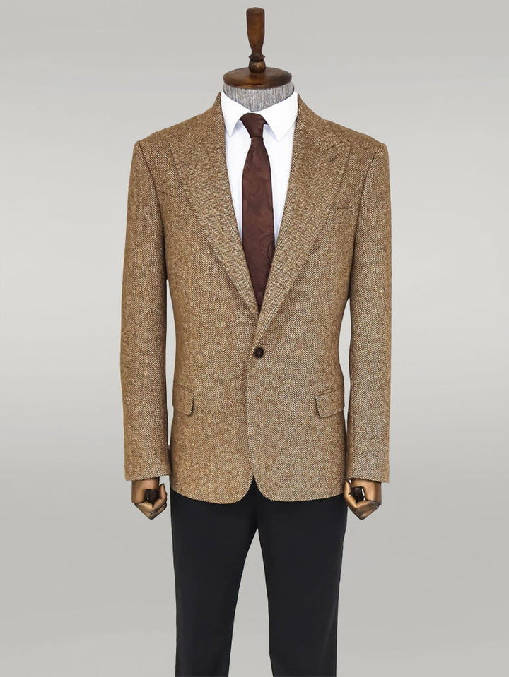 WSS Houndstooth Pattern Wool Light Brown Men Blazer  - Singen