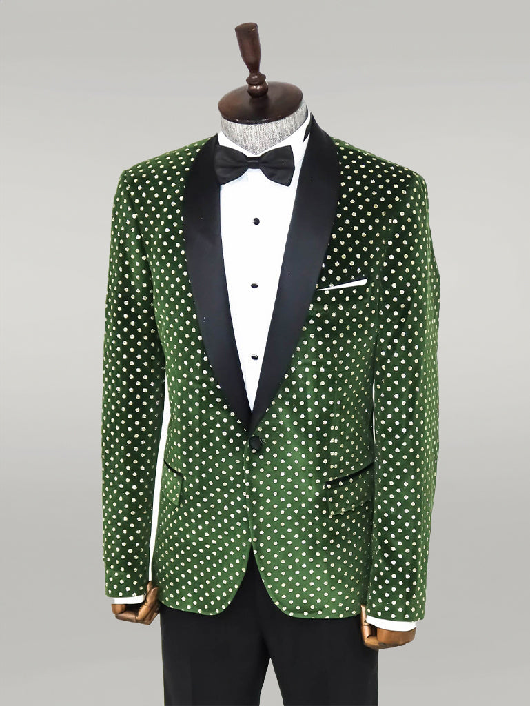 WSS Dot Pattern Slim Fit Dark Green Men Prom Blazer  - Singen