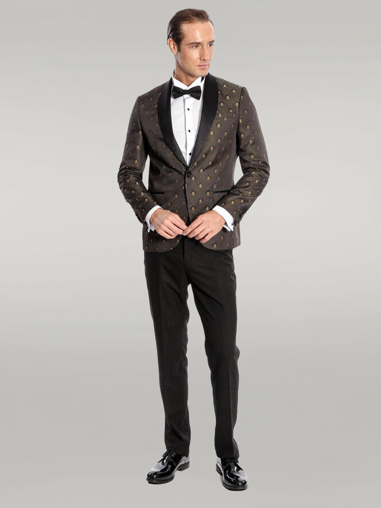 WSS Shawl Lapel Gold Dot Patterned Over Black Men Tuxedo Blazer  - Singen