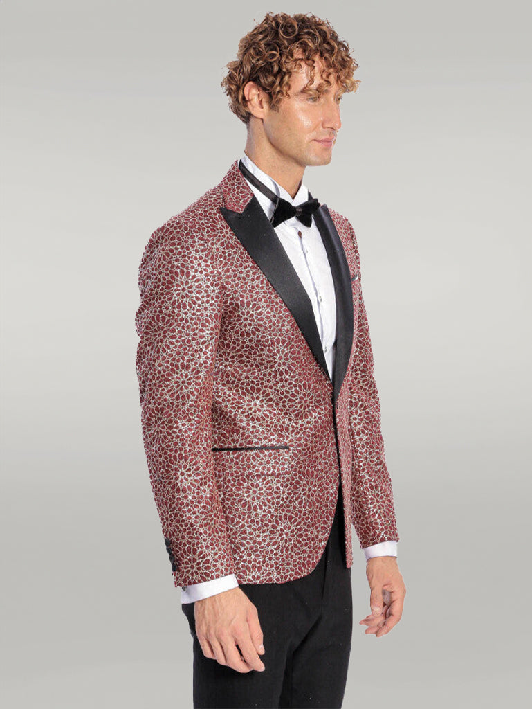 WSS Flower Embroidered Pattern Burgundy Men Prom Blazer  - Singen