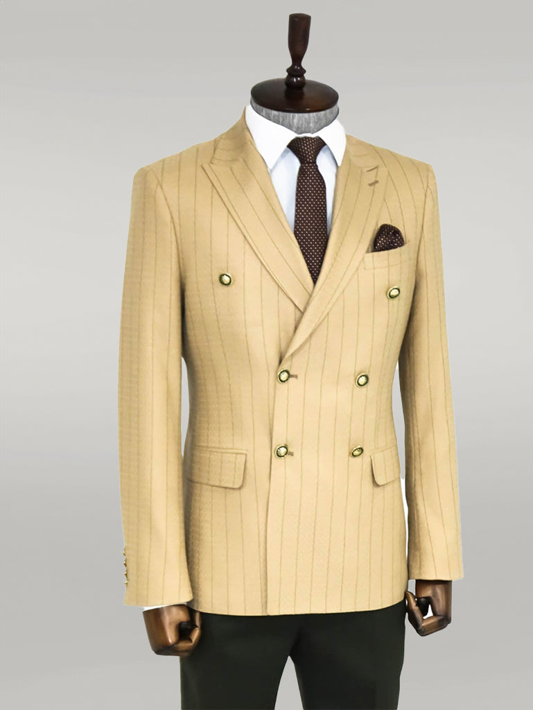 WSS Double Breasted Slim Fit Striped Cream Men Blazer  - Singen