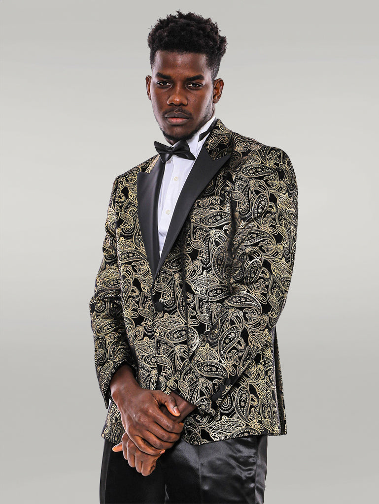 WSS Slim Fit Gold Paisley Patterned Black Men Tuxedo Blazer  - Singen