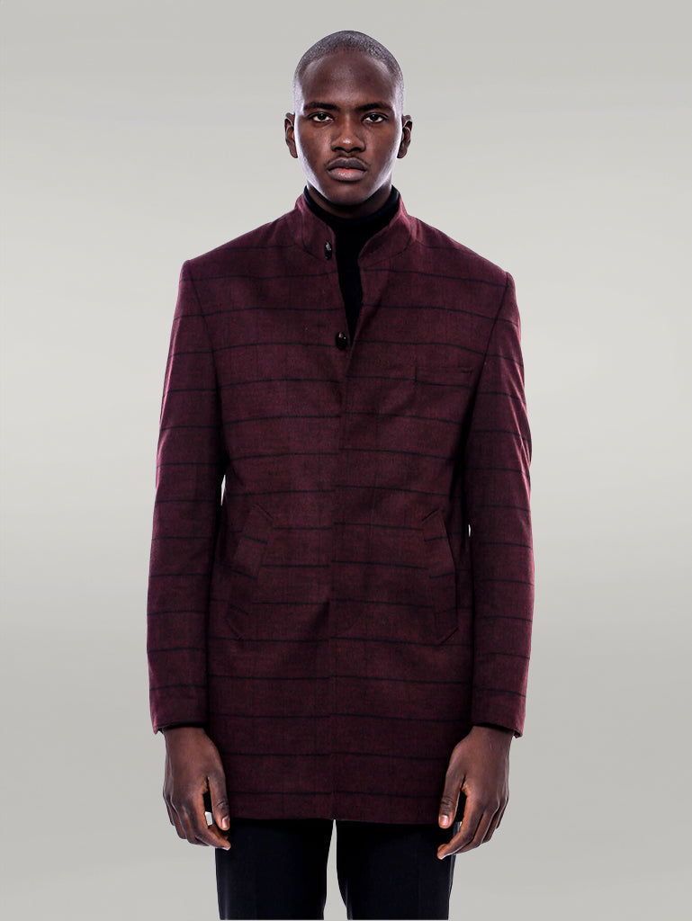 WSS Mandarin Collar Burgundy Checked Coat  - Singen