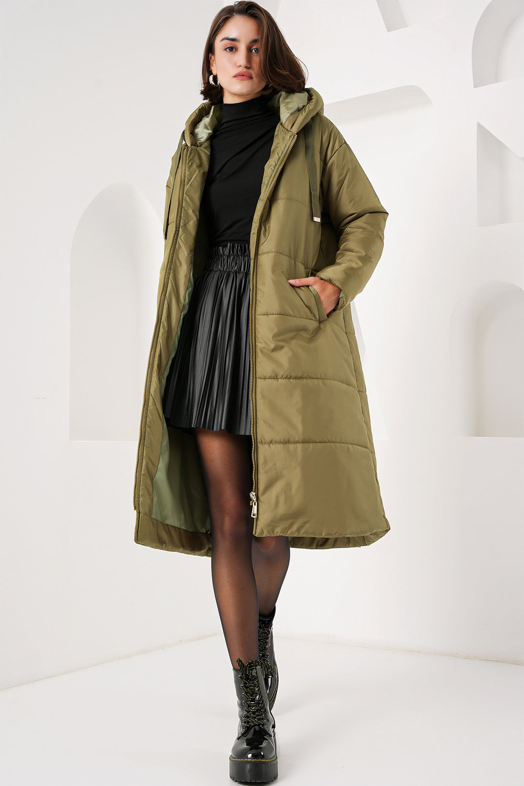 BGD Women Hooded Long Puffer Coat - Khaki - Avondale