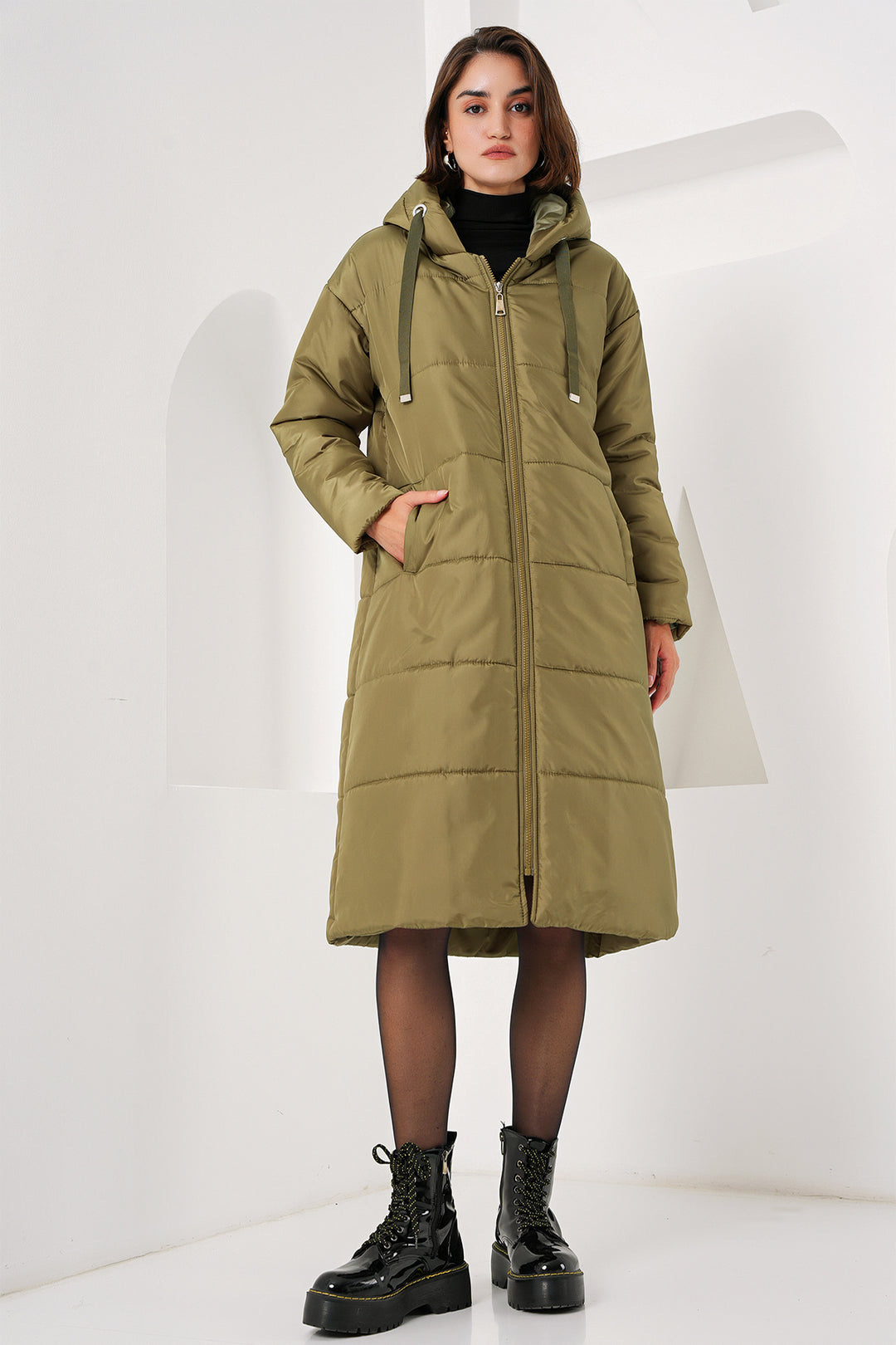 BGD Women Hooded Long Puffer Coat - Khaki - Avondale