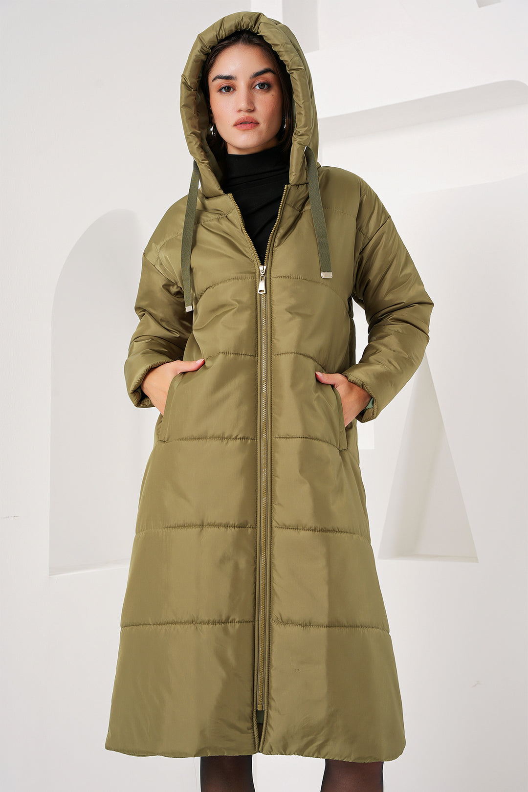 BGD Women Hooded Long Puffer Coat - Khaki - Avondale