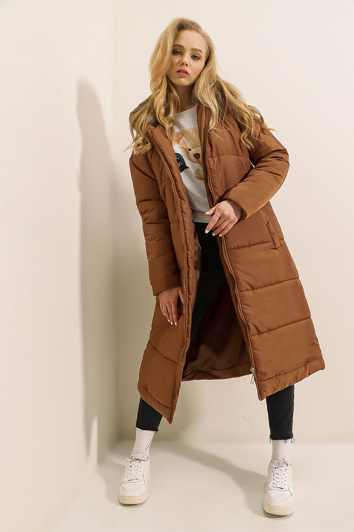 BGD Women Hooded Long Puffer Coat - Tan - Avondale