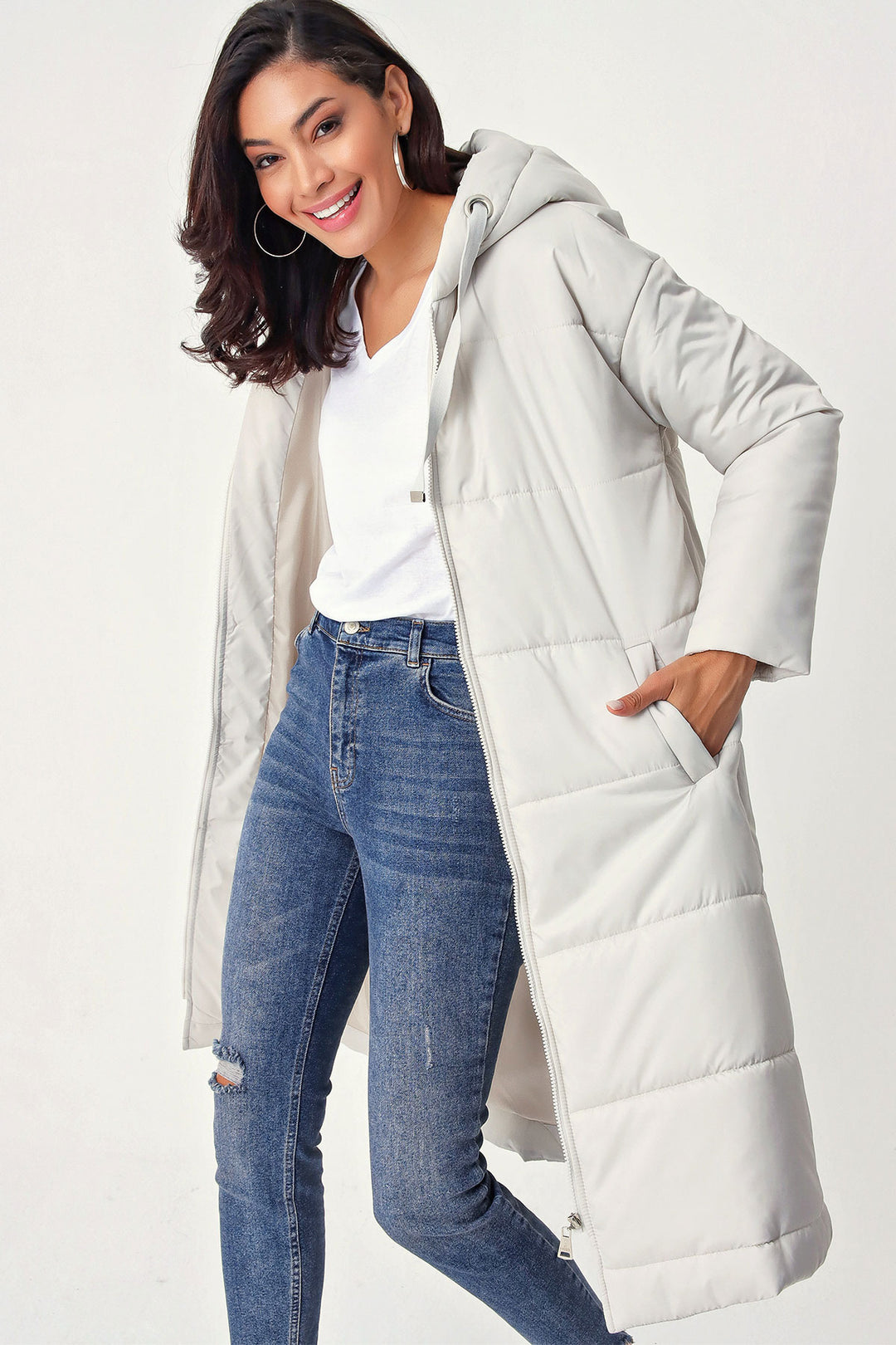 BGD Women Hooded Long Puffer Coat - Ecru - Avondale