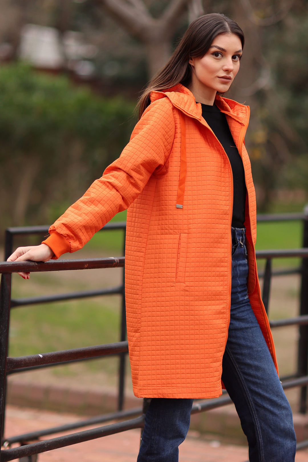 BGD Women Quilted Long Coat - Orange - Avondale