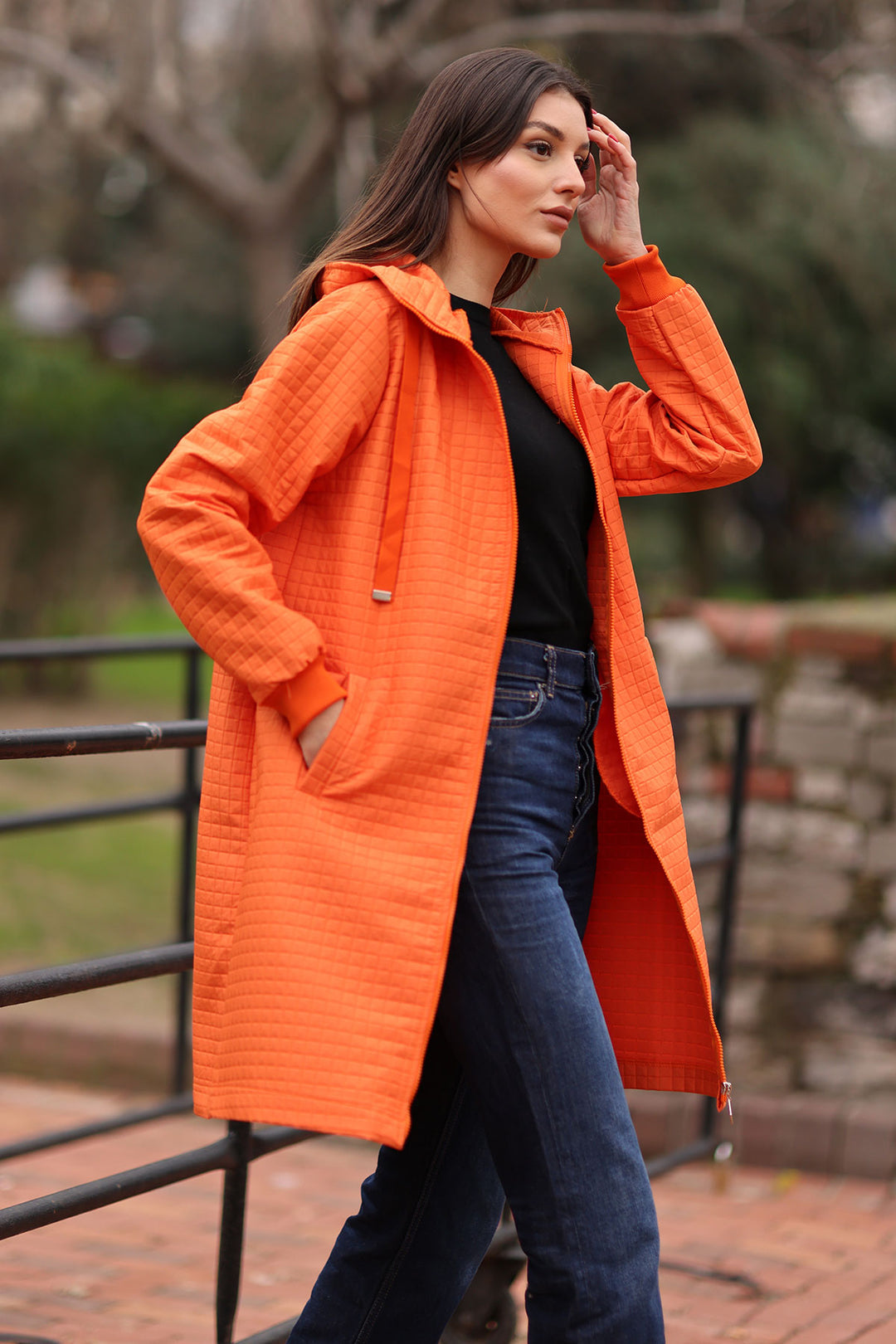 BGD Women Quilted Long Coat - Orange - Avondale