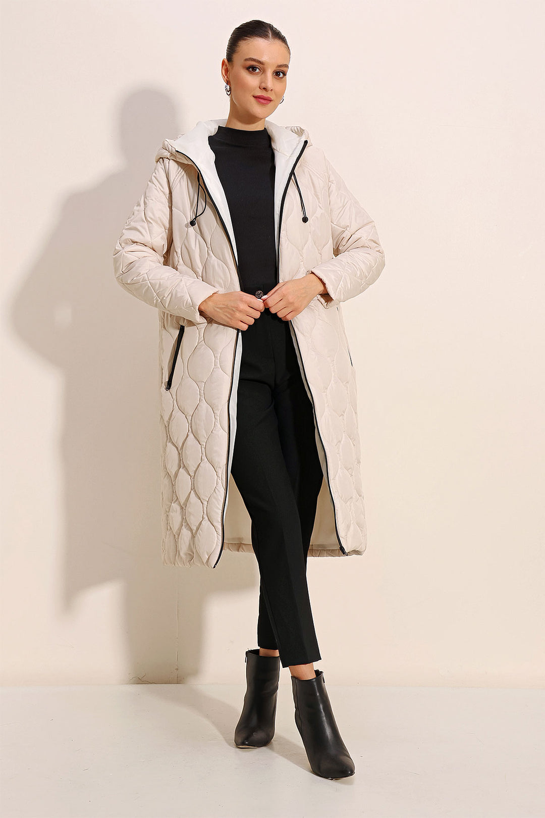 BGD Women Hooded Long Quilted Coat - Ecru - Avondale