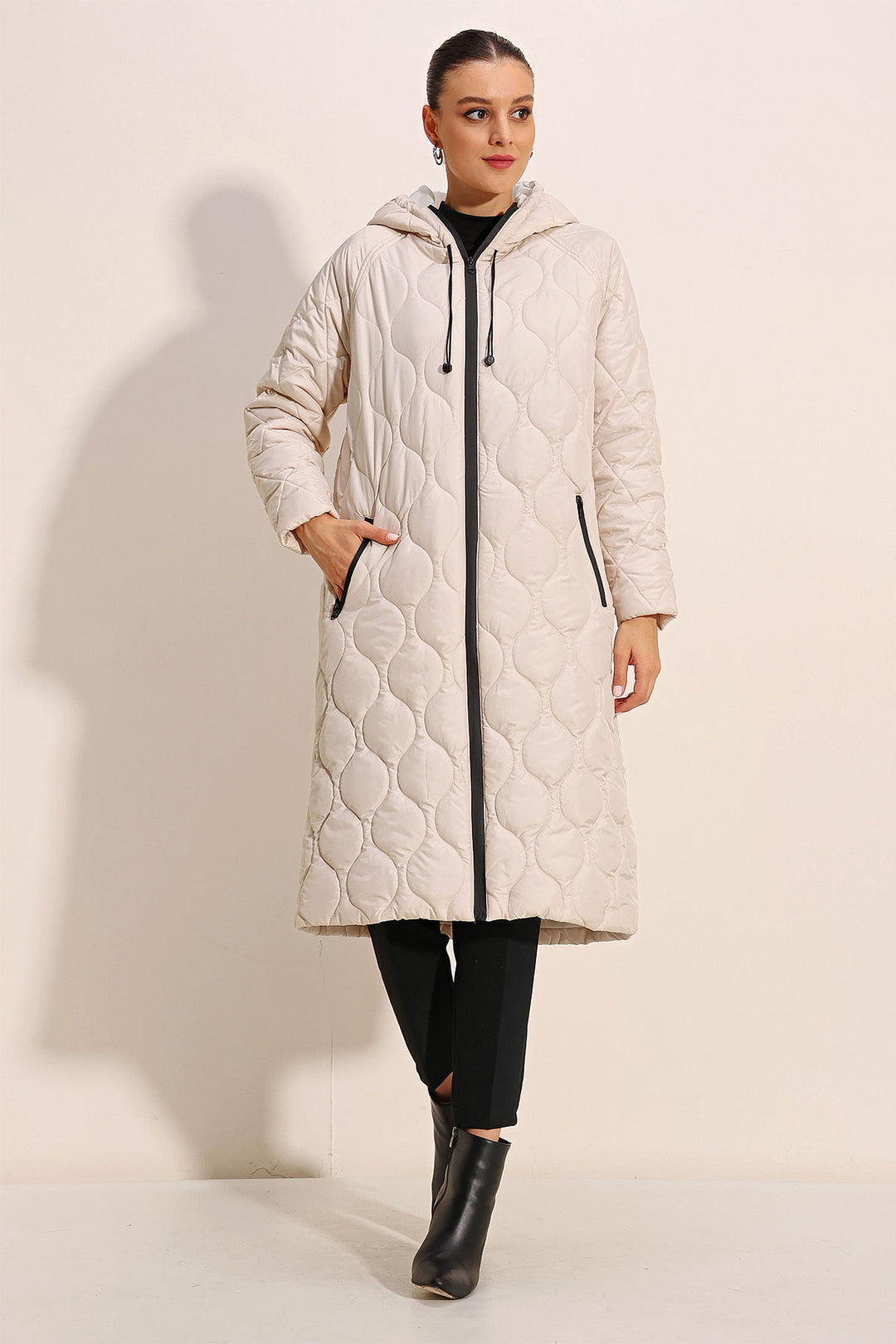 BGD Women Hooded Long Quilted Coat - Ecru - Avondale