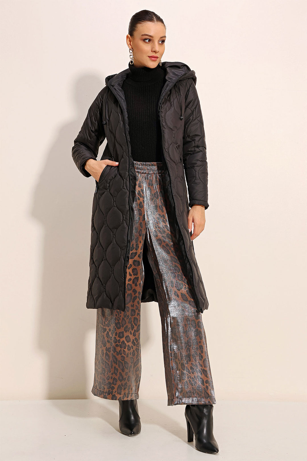 BGD Women Hooded Long Quilted Coat - Black - Avondale