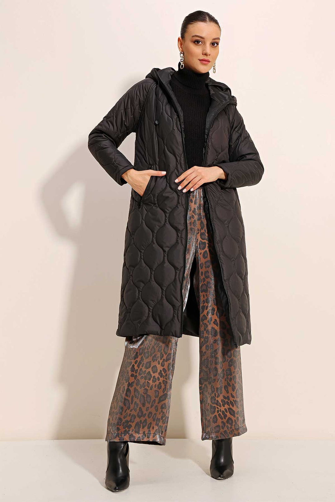 BGD Women Hooded Long Quilted Coat - Black - Avondale