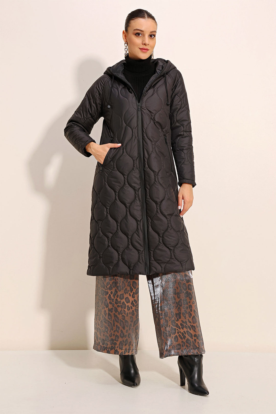 BGD Women Hooded Long Quilted Coat - Black - Avondale