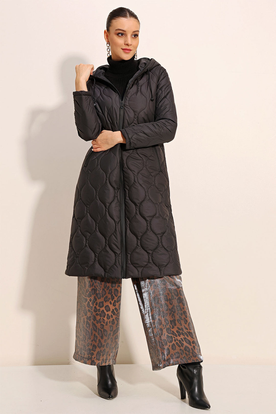 BGD Women Hooded Long Quilted Coat - Black - Avondale