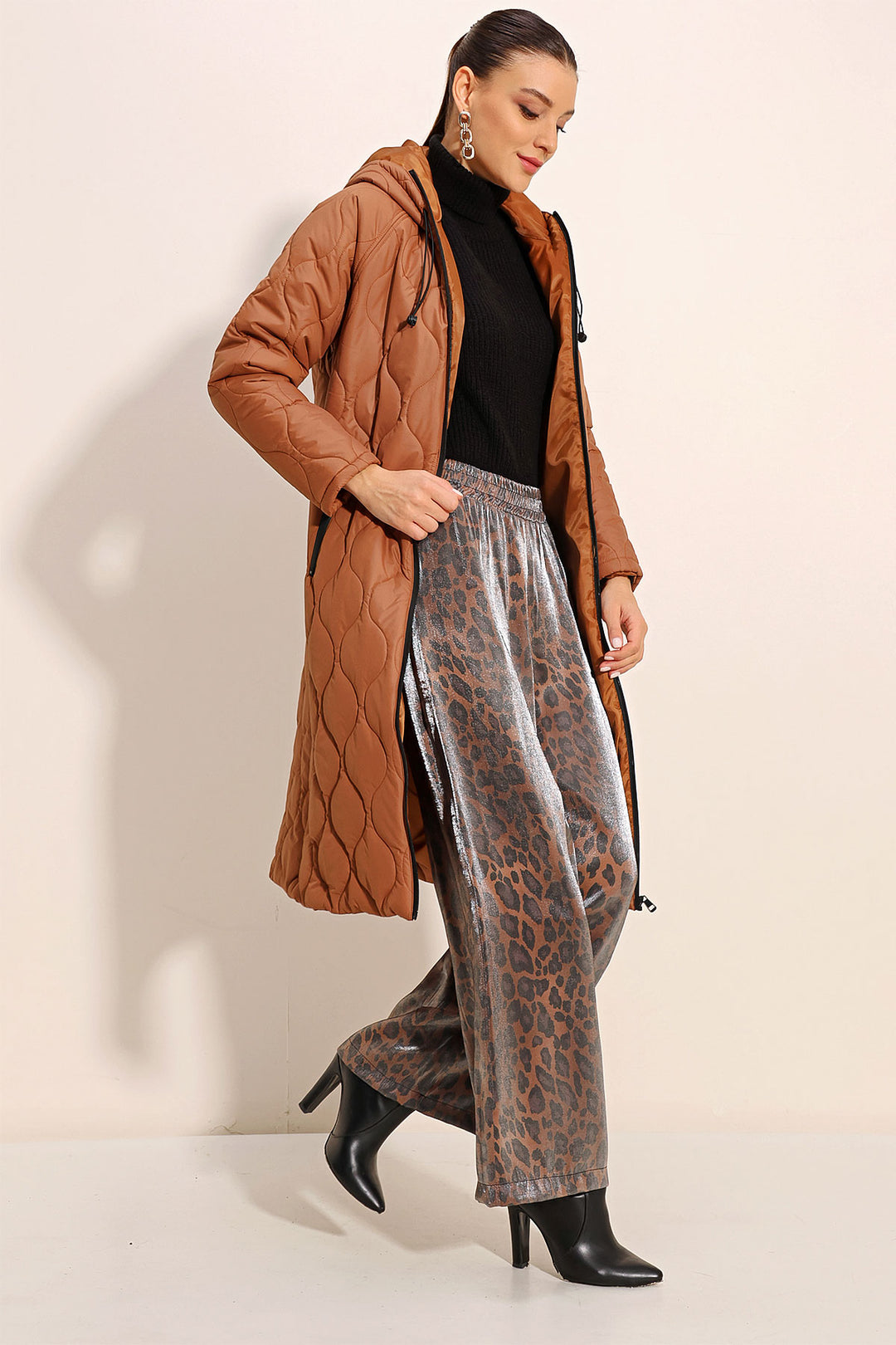 BGD Women Hooded Long Quilted Coat - Brown - Avondale