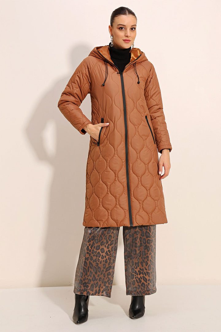 BGD Women Hooded Long Quilted Coat - Brown - Avondale