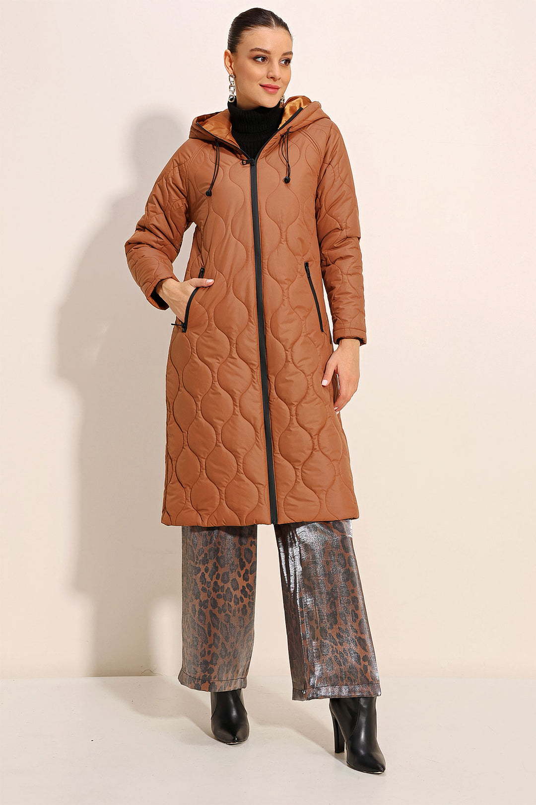 BGD Women Hooded Long Quilted Coat - Brown - Avondale