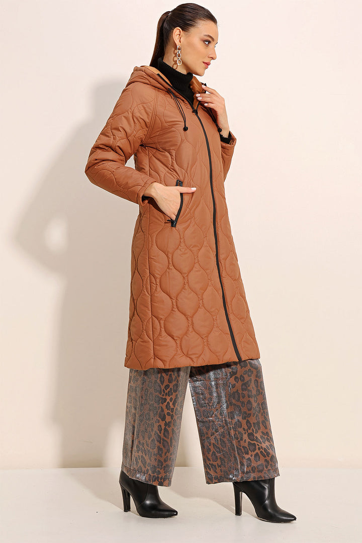 BGD Women Hooded Long Quilted Coat - Brown - Avondale