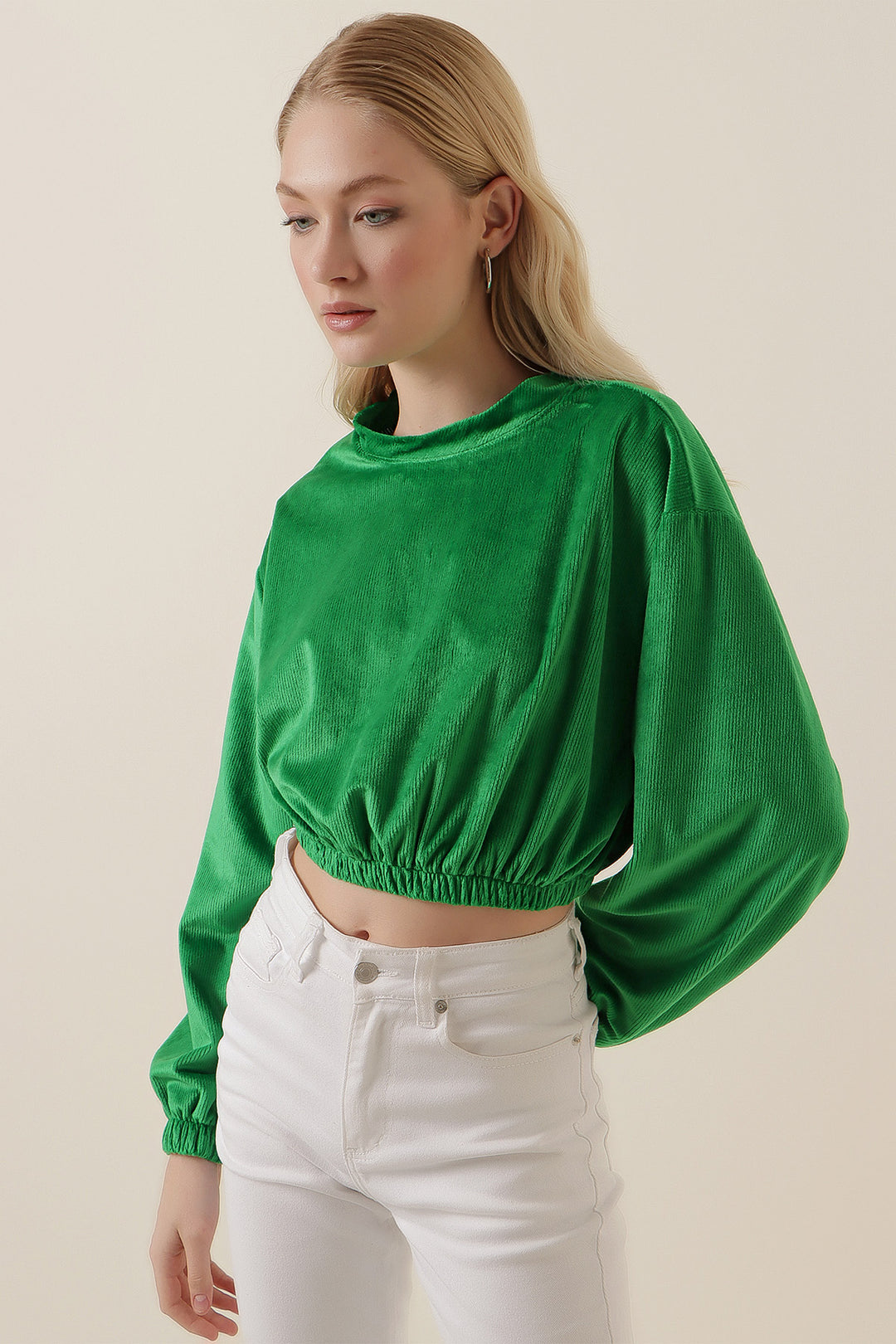 BGD Women Velvet Crop Blouse - Green - Avondale