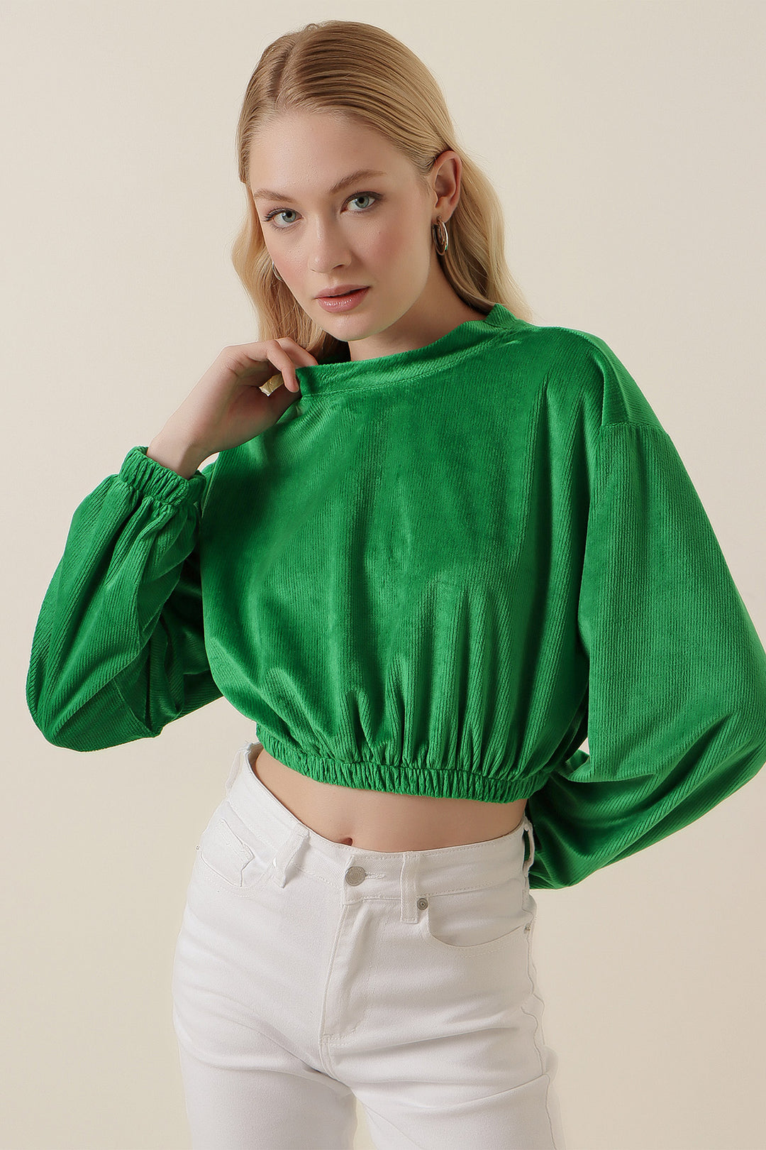 BGD Women Velvet Crop Blouse - Green - Avondale