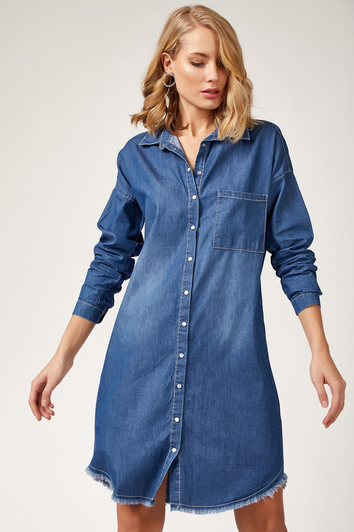 BGD Women FRINGED DENIM TUNIC - أزرق - أفونديل