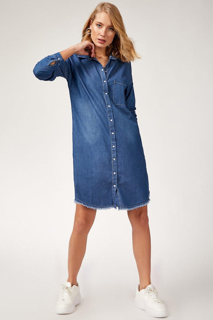 BGD Women FRINGED DENIM TUNIC - أزرق - أفونديل