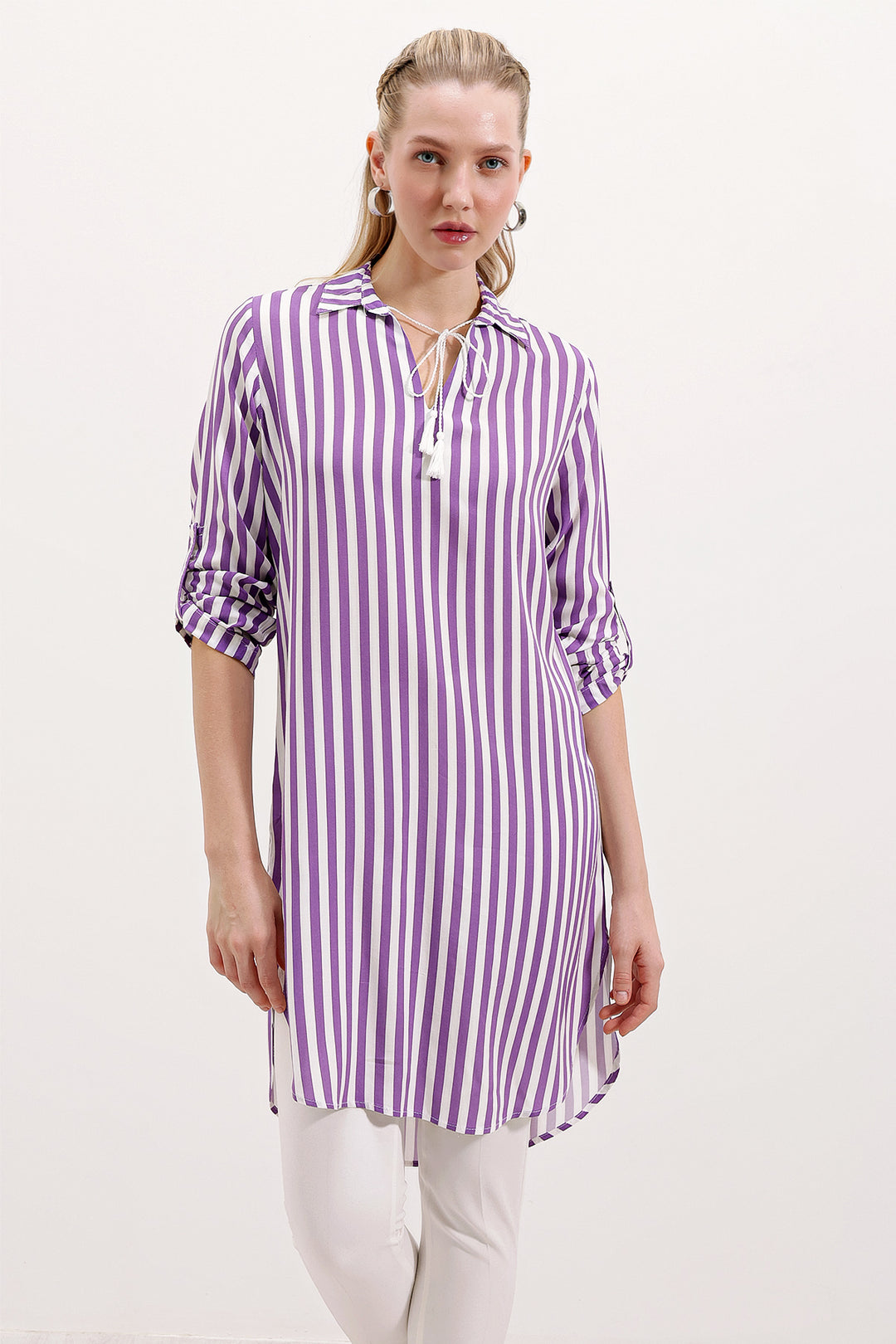 BGD Women Striped Tunic with Neck Tie - Lilac - Avondale