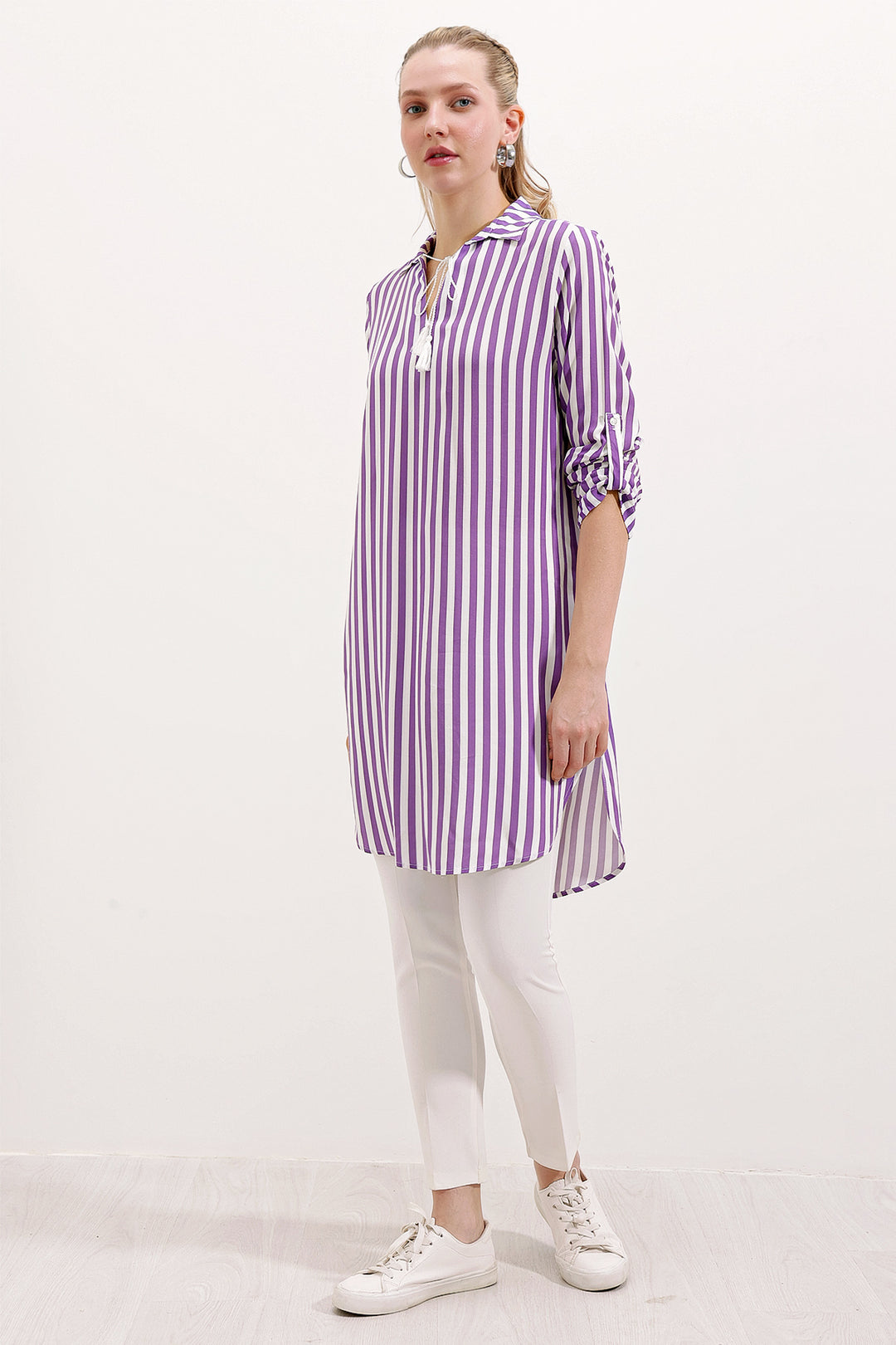 BGD Women Striped Tunic with Neck Tie - Lilac - Avondale