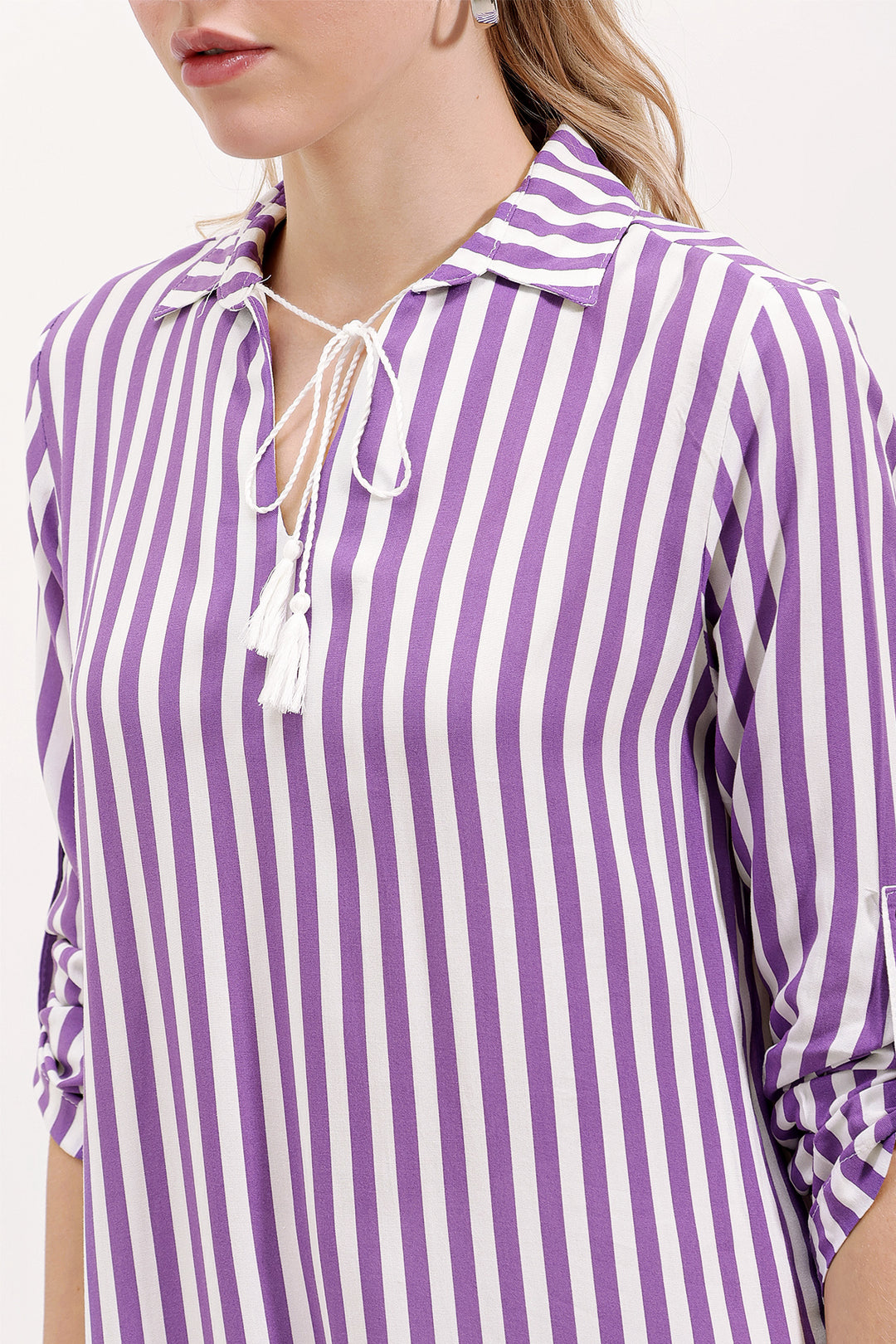 BGD Women Striped Tunic with Neck Tie - Lilac - Avondale