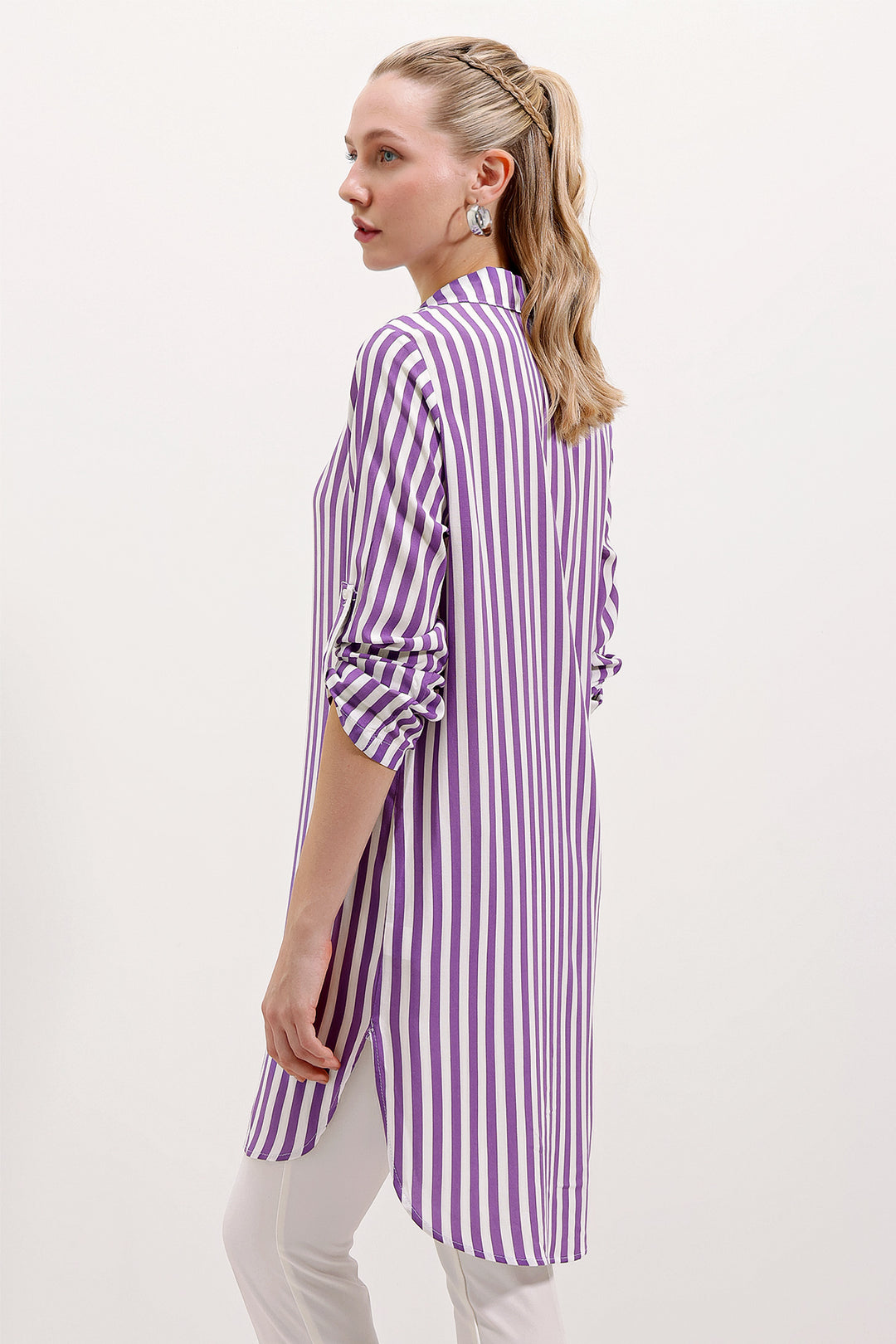 BGD Women Striped Tunic with Neck Tie - Lilac - Avondale