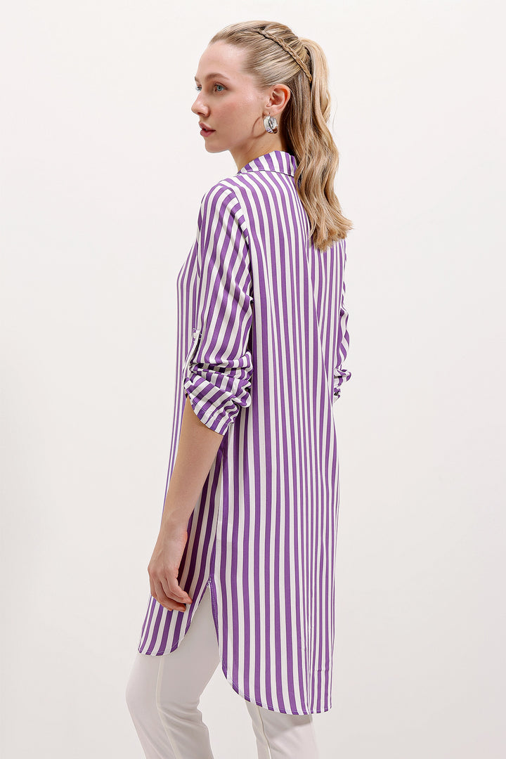 BGD Women Striped Tunic with Neck Tie - Lilac - Avondale