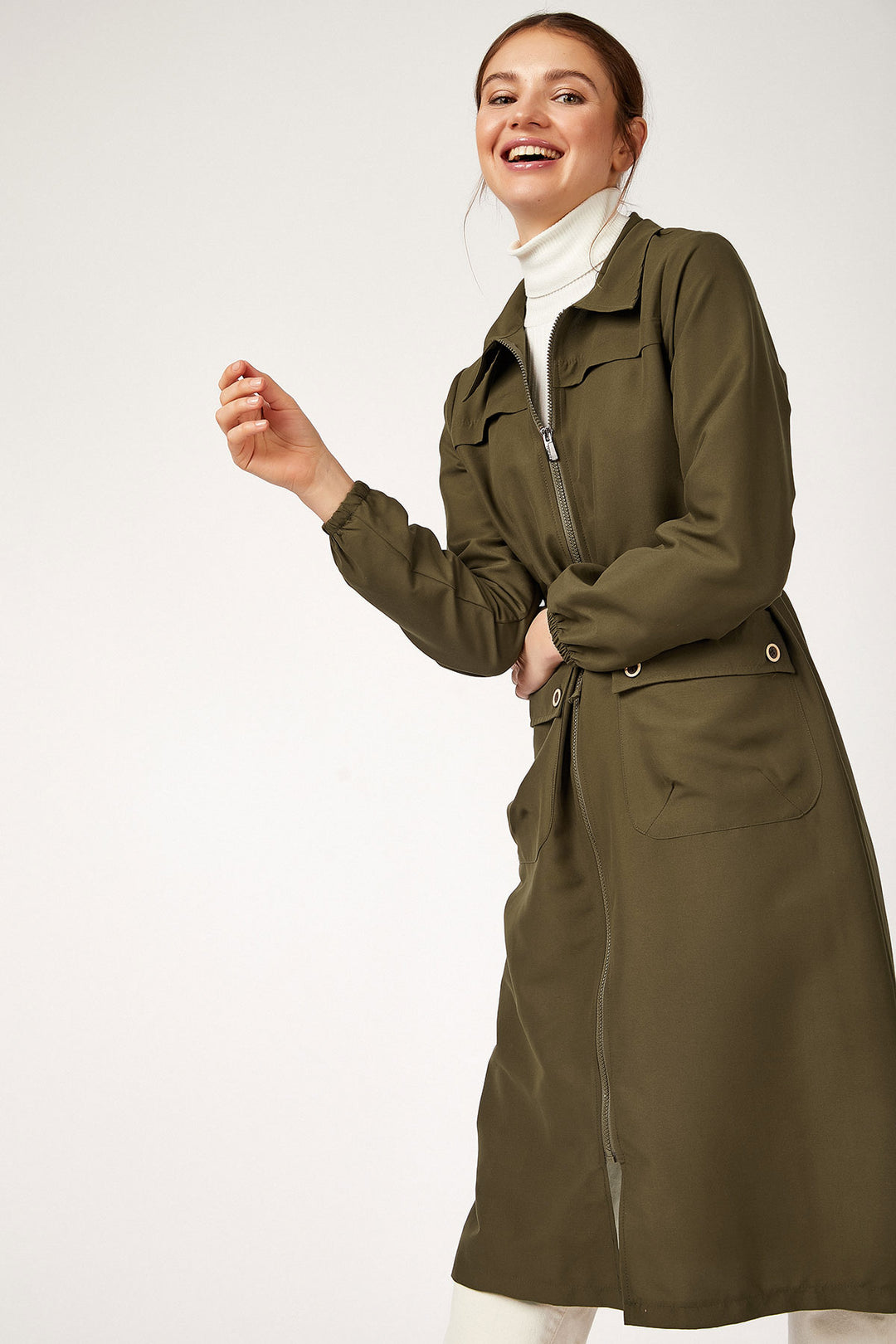 BGD Women FRONT ZIPPERED HIJAB TRENCHCOAT - Khaki - Avondale