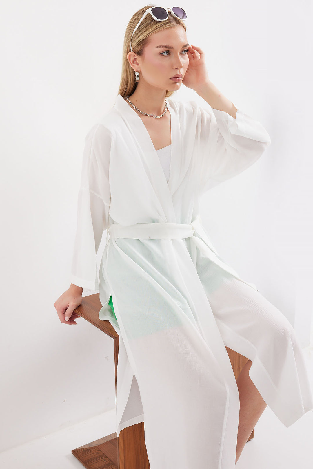 BGD Women Slit Summer Kimono - White - Avondale