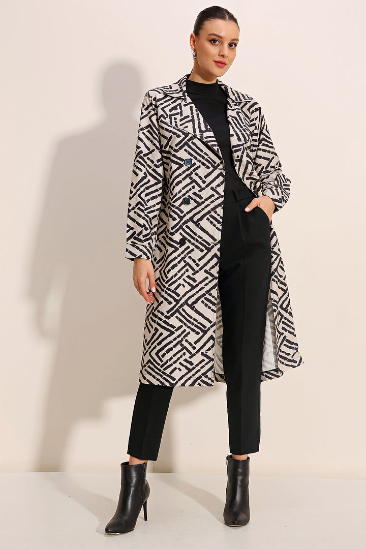 BGD Women Patterned Double-Breasted Trench Coat - Off-White - Avondale