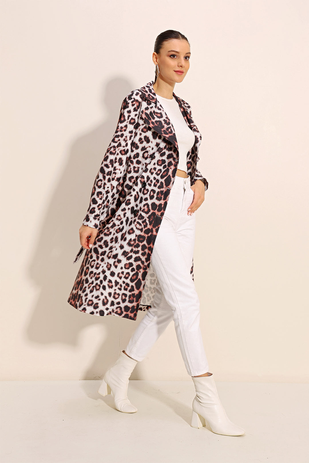 BGD Women Patterned Wrap Neck Trench Coat - Ecru - Avondale